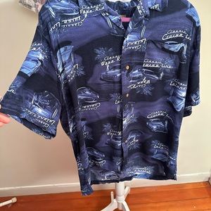 Men’s bowling type rayon button down shirt, dark blue with classic car motifs.